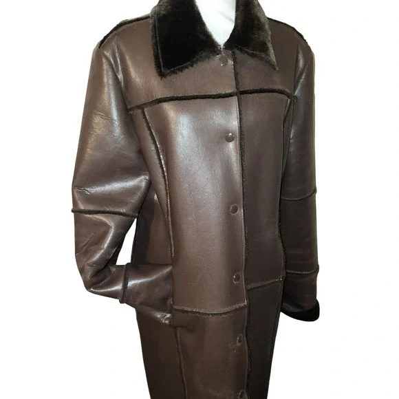Pele For Outerwear Brown Faux Shearling Leather Long Coat Womens Size Large - Picture 9 of 10